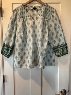Talbots Women’s Light Blue Floral Boxy Peasant Blouse Green Printed Cuffs 2X